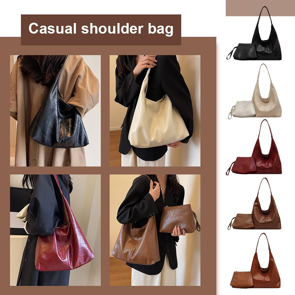 Women Leather Shoulder Bag Versatile Soft Underarm Bag Casual 2pcs Shoulder Bag and Handbag Set Satchel Hobo Bag Shopping Bag