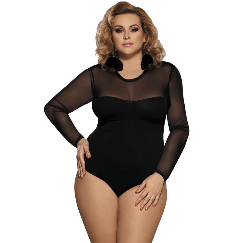 "European & American Plus Size Sexy Mesh Long Sleeve Open Crotch Bodysuit for Women”