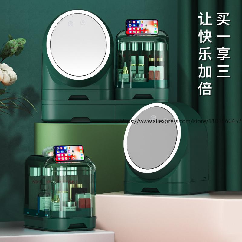 LED Equipped Cosmetic Organizer Dustproof with Mirror Large Capacity Desktop Vanity Storage Rack for Lipstick Skincare