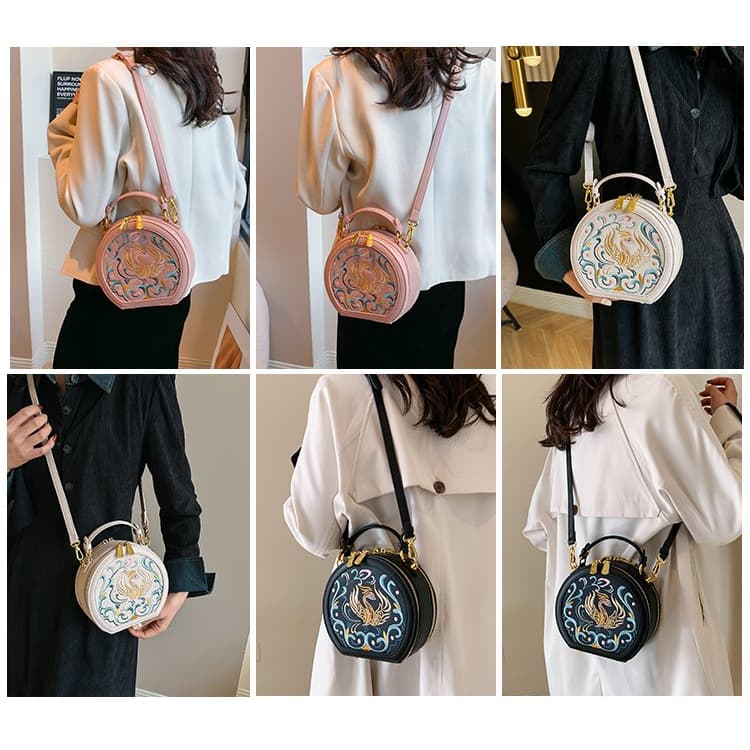 Vintage Embroidery Round Shoulder Bag, Zipper Handbag, Classic Trend Niche Satchel Bag