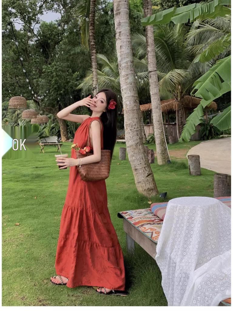 2025 Summer Retro Red Halter Dress: Elegant Long Dress for Travel Photography