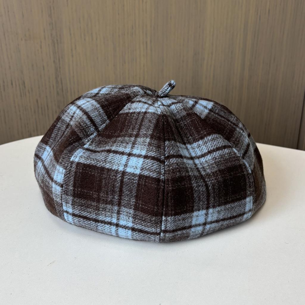 Retro Plaid Octagonal Hat Ladies British Versatile Painter Hat Show Face Small Warm Beret