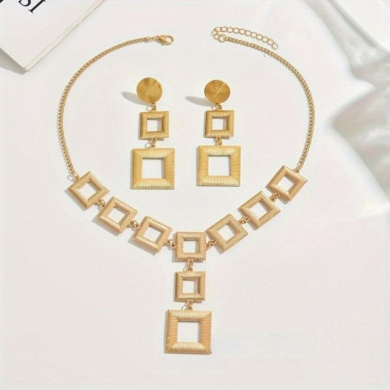 European and American Fashion Square Pendant Necklace Earrings, Women's Personality Exaggerated Design Accessories Jewelry