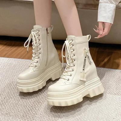Mode 9,5CM Neue Klobige Stiefeletten für Damen Dicke Absätze Motorrad Punk Stiefel Herbst Winter Schnürschuhe Hohe Plateau Lederschuhe Frau