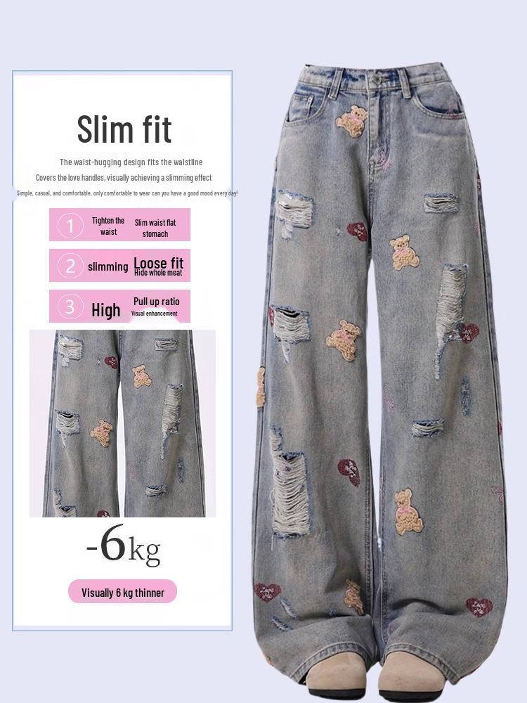 Women's Retro High-Waisted Embroidered Ripped Jeans - Autumn Collection, Comfortable Slim Fit, Loose Wide-Leg.