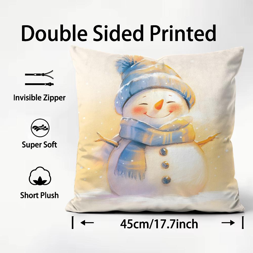 Snowman Cute Cushion Cover Plush Fabric Soft DoubleSided Printed Sofa Warm Winter Home Child Gift Pillow Case