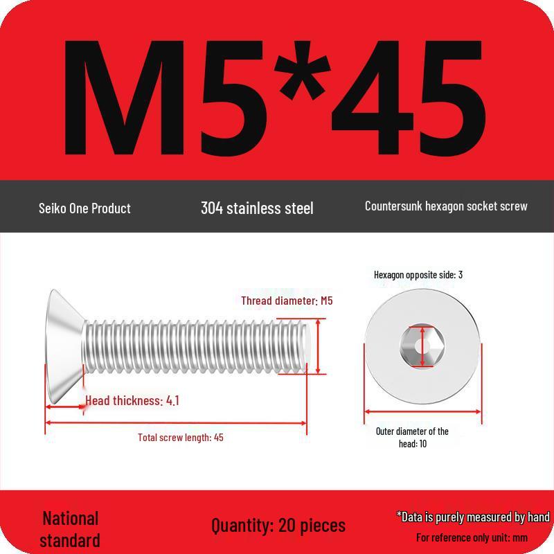 M2-M10 Stainless Steel Flat Head Machine Screws and Bolts Set, Countersunk Hex Socket Cap, 304 Grade.