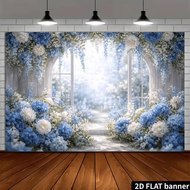 2D Floral Wedding Backdrop, Blue Hydrangea & White Flowers Party Background