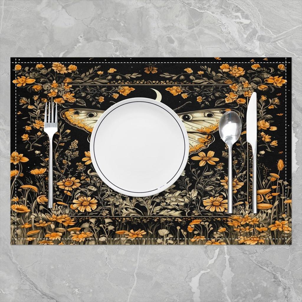 Boho Death Moth Placemats Set of 4 Kids Boho Butterfly Moth Flower Mushroom Rustic Garden Table Place Mats Placemat