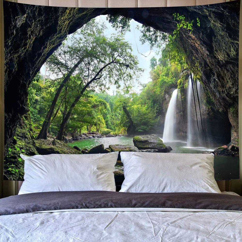 Tapestry nature waterfall large cave forest 75x100