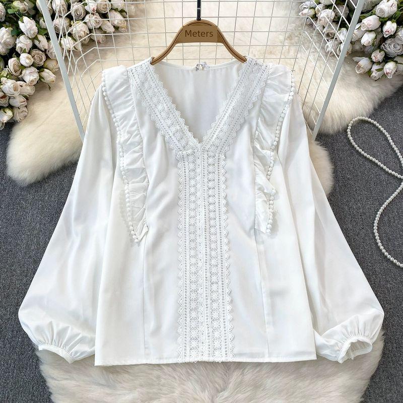 

2024 Spring & Fall Korean Style Ladies Temperament Long Sleeve V-neck Flounce Loose Slim Looking Pure Color Shirt Women s Casual Coat White One size