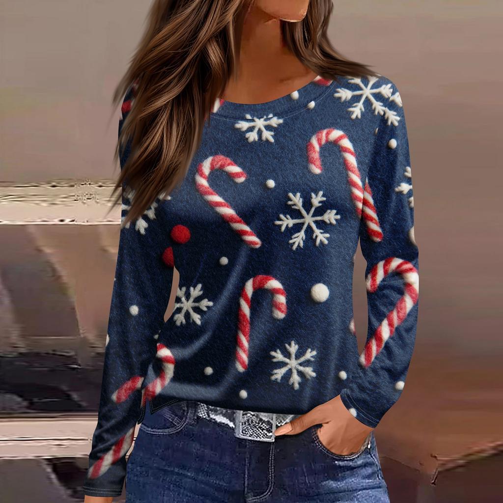 Women's Fashion Casual Slit Hem Round Neck Long Sleeve Loose  Printed T-Shirt Ladies Top