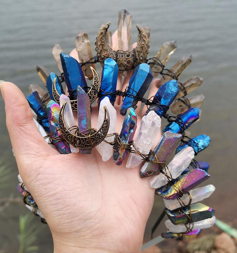 Natural Crystal Electroplating Frosted Crystal Witch Halloween Moon Crown Headband KTY