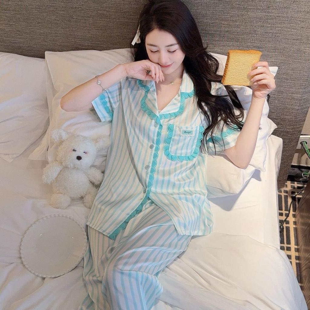 Summer ice silk pajamas women's short-sleeved trousers sweet age-reducing Korean version striped loungewear women's suit can be worn outside popular