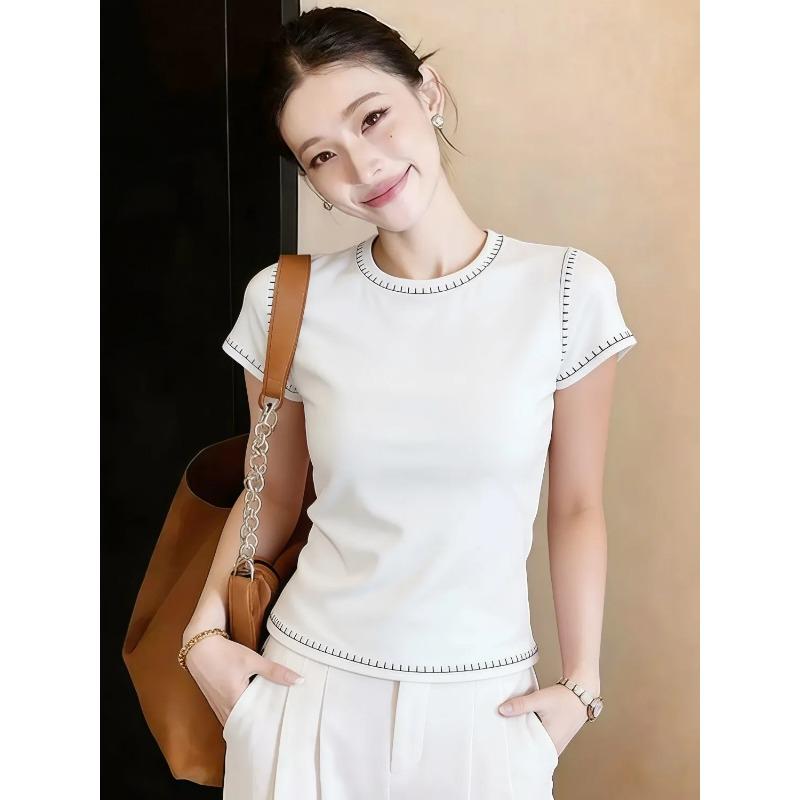 Women's White Contrast Stitching Round Neck Slim Short Sleeve T-shirt