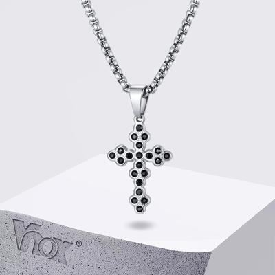 Vnox Black Zircon Cross Pendant Necklaces, Stainless Steel Waterproof Box Chain Necklace Gothic Gifts for Father Husband Son Him