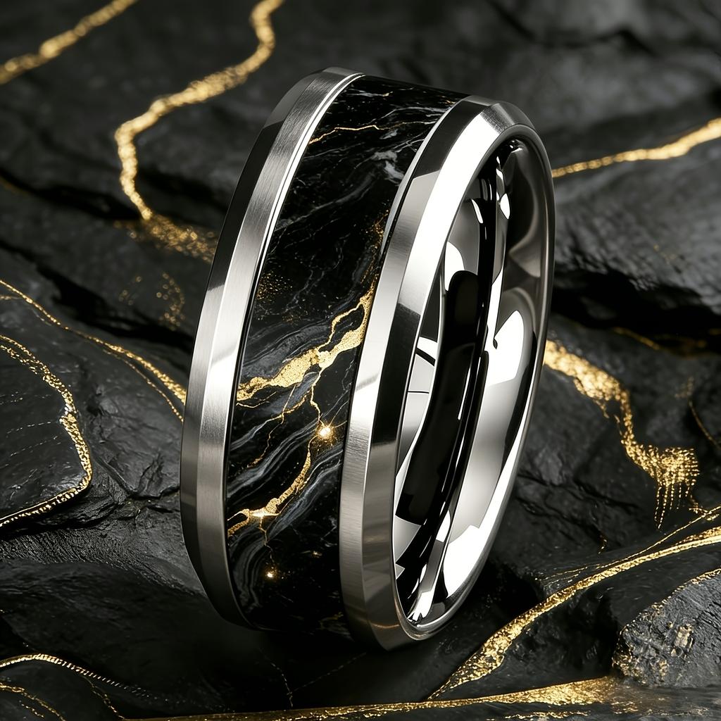 Luxury Sky Blue Turquoise & Golden Marble Pattern Ring Stainless Steel Rings For Women Men Wedding Jewelry Valentine's Day Gifts
