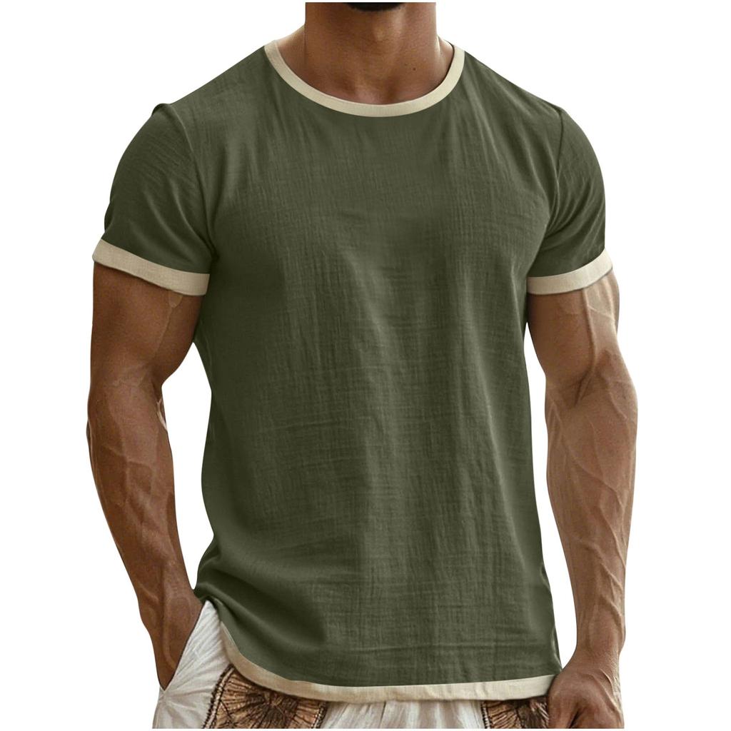 Men's Colorblock Cotton Linen Short Sleeve T-Shirt Lightweight Breathable Round Neck Casual Vacation Top