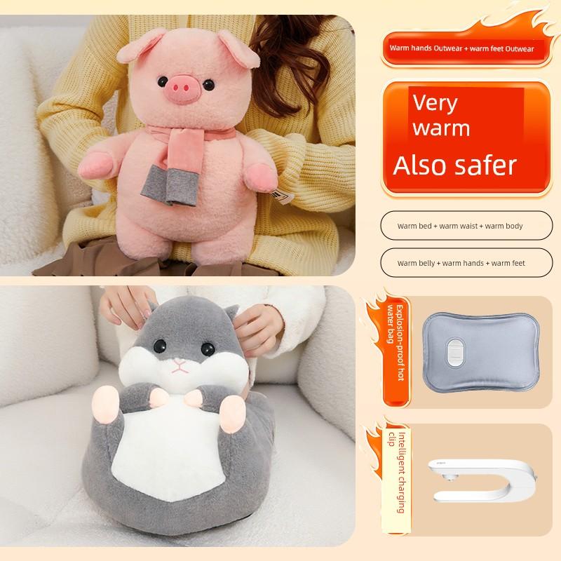 Hot Water Bottle, Rechargeable Hand Warmer, Explosion-Proof Plush Belly Warmer, Cute Hot Water Bag for Women's Bedding