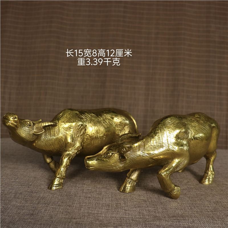 Pure copper buffalo with head up one facing down, a pair of animal desktop decorations for home, office, and livi
