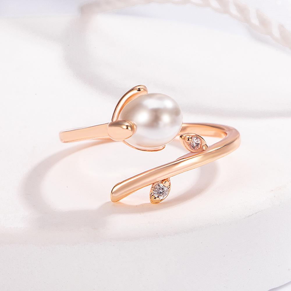 French Minimalist Faux Pearl Twig Ring - Mori Style High-End Open Hand Jewelry