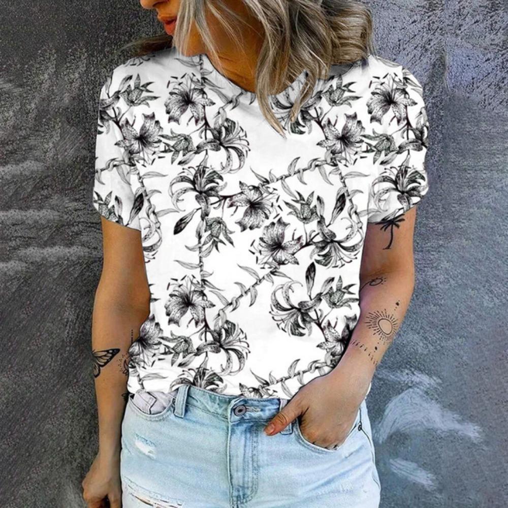 Summer Leisure T-shirt Women's T-shirt Retro Flower Pattern Print Fashion Print T-shirt Elegant Women's Short Sleeved T-shirt