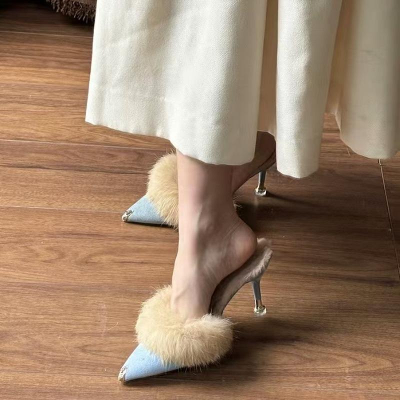 Women's Baotou Slippers Winter New Pointed Head Deep Mouth Suede Plus Wool Anti-slip Wear-resistant High-heeled Slippers