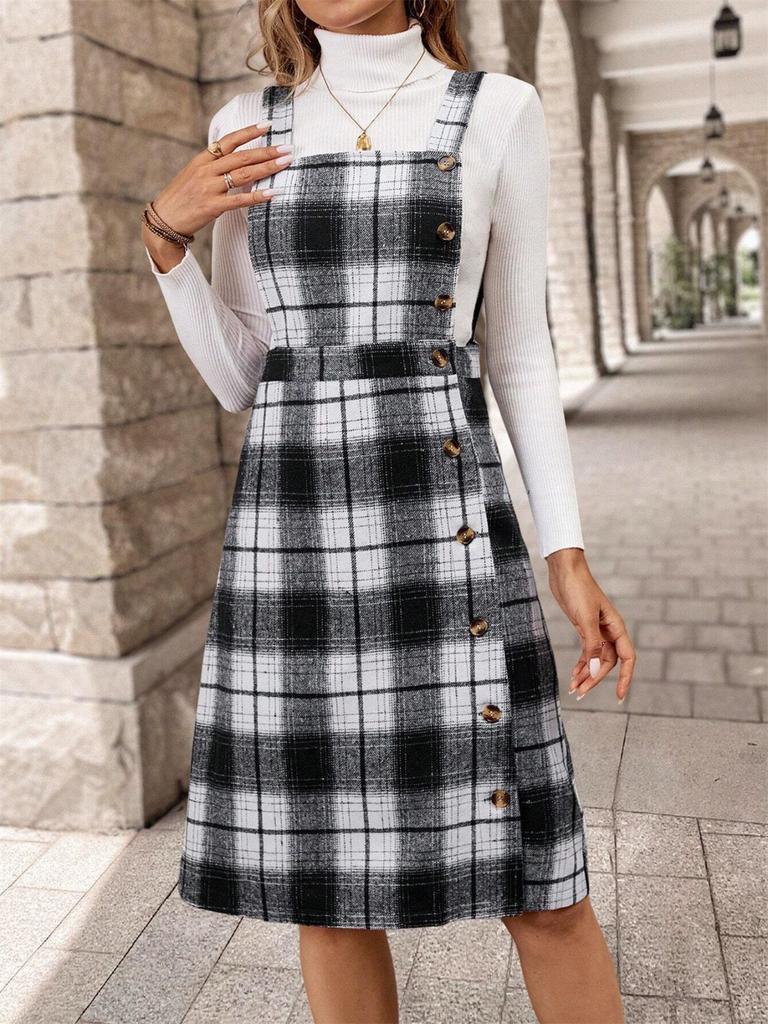 Fashionable Women's Casual Plaid Button Up Front Dress For  Wearing With Suspenders, Temperament Skirt Without Top
