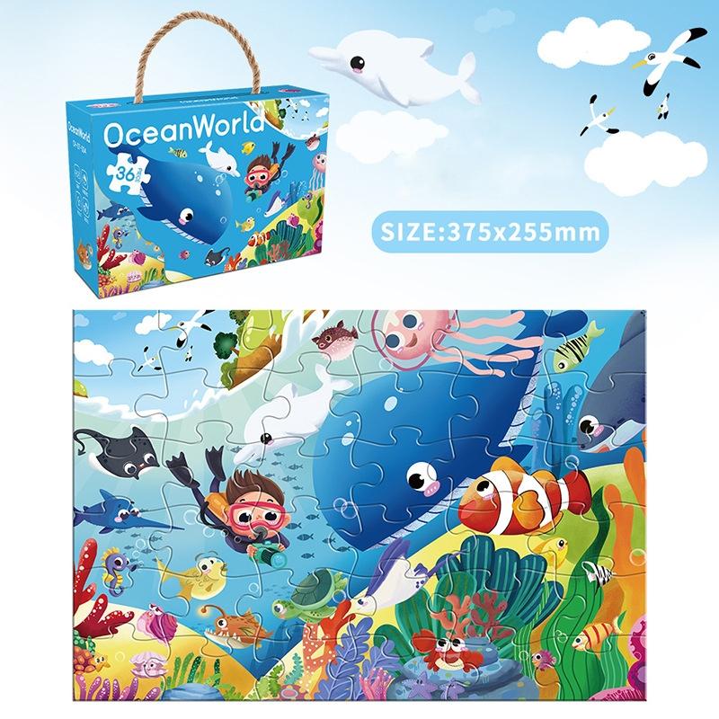 Childrens Paper Puzzle Set 36 Pieces Animal Theme Educational Learning Toy Carry Handle Case Gift for Kids 3 to 6 Years