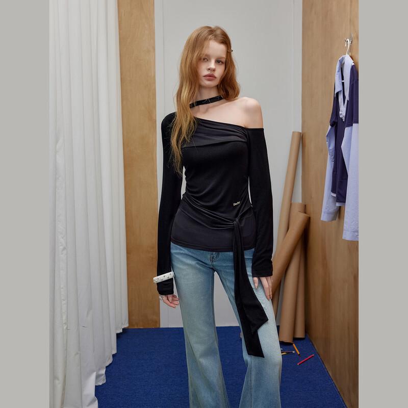 UNIFREE Spring Off-Shoulder Ribbon Long Sleeve T-Shirt S