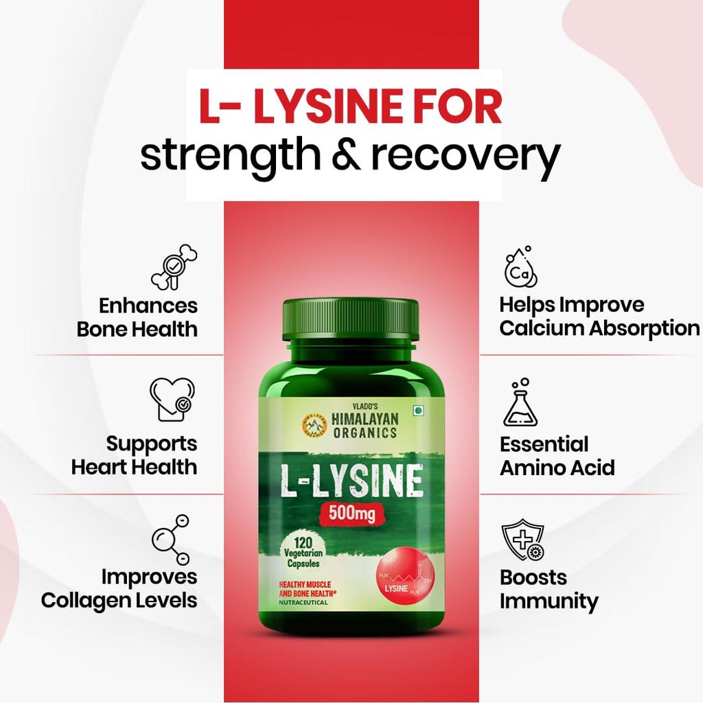 Vlado’s Himalayan Organics L-Lysine 500 mg Essential Amino Acid Capsules For Immune Support And Daily Wellness 120 Veg Capsules