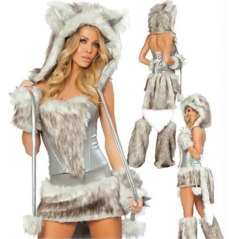 Costume Gatto Leopardo da Donna con Coda Cappuccio Peloso Animale Cosplay Outfit Festa di Halloween Travestimento Clubwear