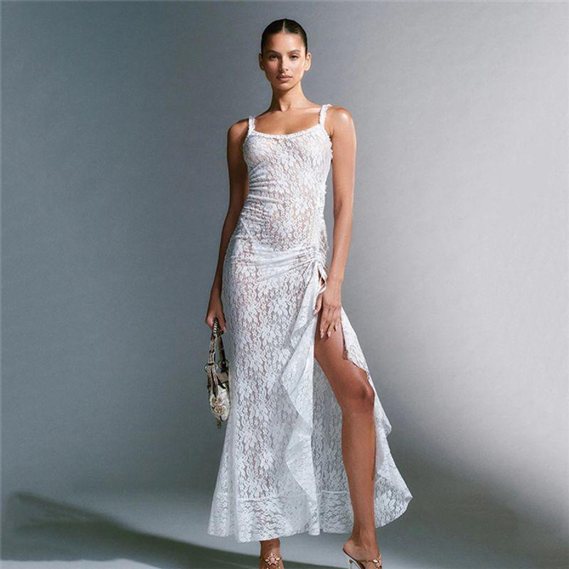 European and American Sexy Slim Fit Backless Lace See-through Sling Dress Long Dress Sexy Lace Maxi Dress
