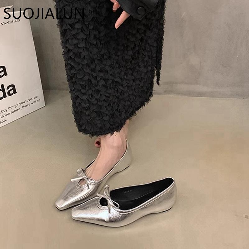 Fashion SUOJIALUN 2025 Spring New Women Flat Shoes Fashion Shallow Slip On Boat Shoes Low Wedge Heel Ladies Elegant Dress Single Shoes