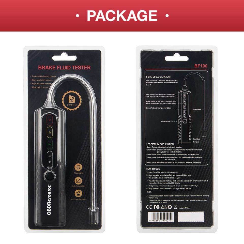 

BF100 Тестер тормозной жидкости для DOT3 DOT4 DOT5.1 Инструмент для автомобильного тормозного масла Проверка качества со светодиодным дисплеем
