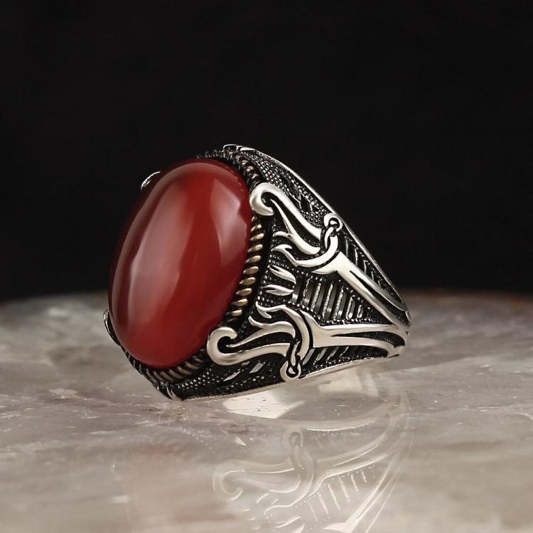 

Red Agate Stone Sword Model 925 Sterling Silver Men s Ring
