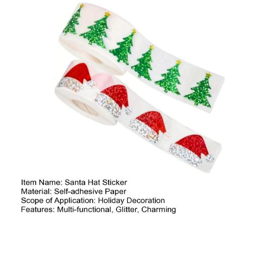 2 Rolls Christmas Hat Stickers 1000 Pcs Glitter Red Santa Hat Stickers Waterproof Self-Adhesive Seal Decals