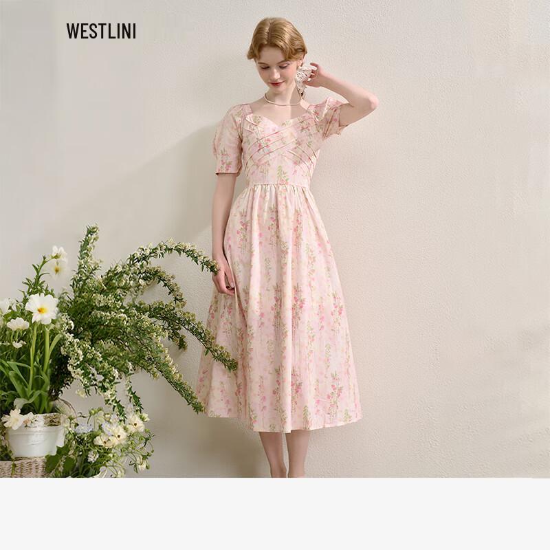 

French Style Floral Puff Sleeve Beach Dress L