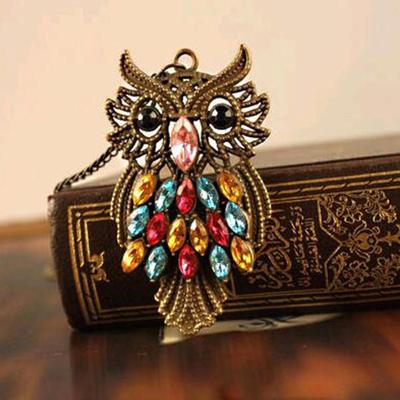 Vintage Owl Eye Statement Necklace Colorful Bronze Owl Long Chain Pendant Necklace