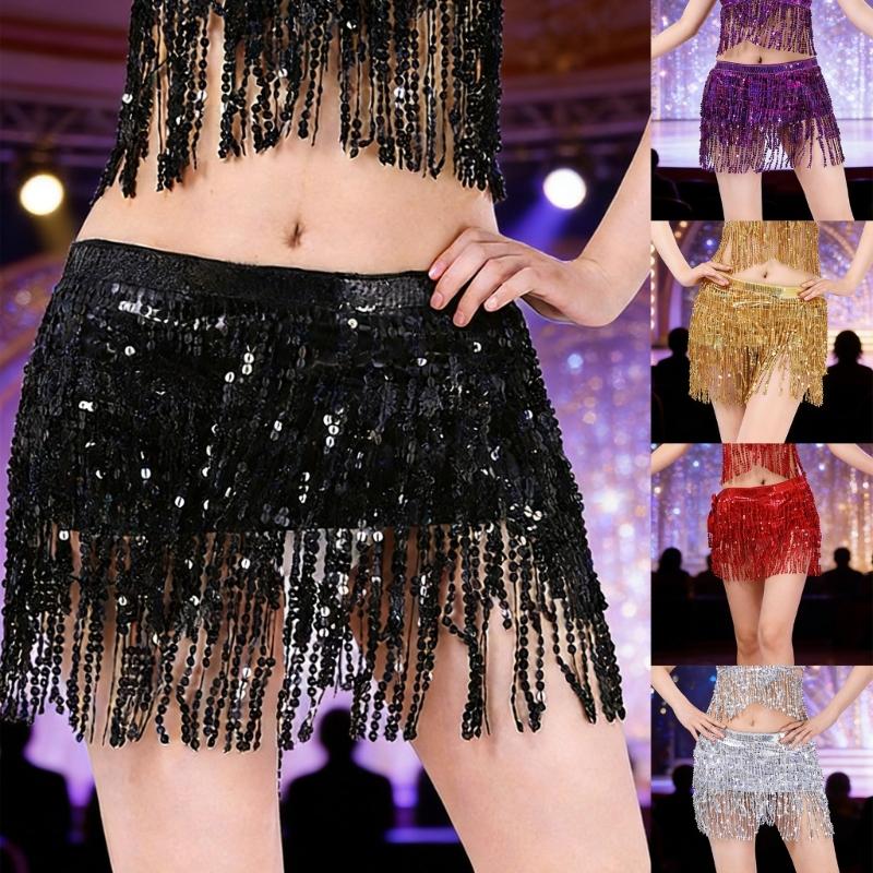Sequins Wrap Skirt Belly Dance Hip Scarf Wrap Sparkles Mini Skirt Raves Festival Outfit Halloween Costume for Women Girls