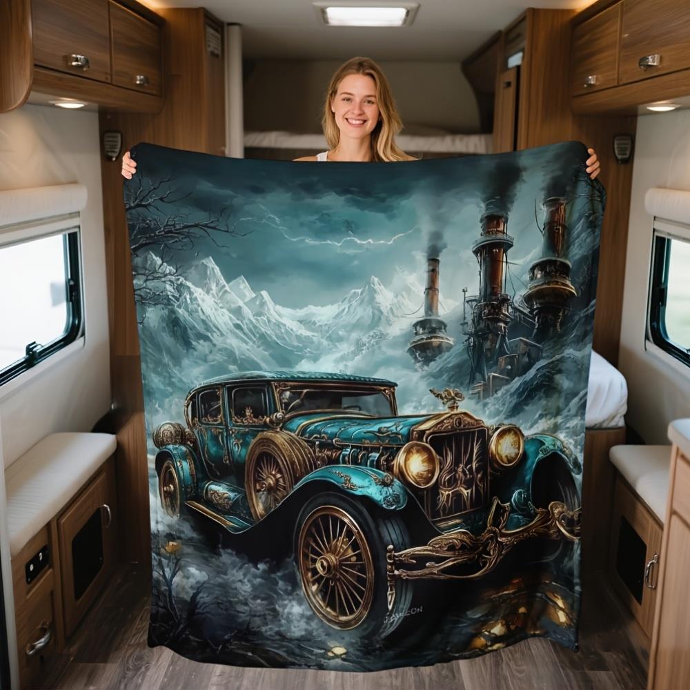 

Revolving old man car pattern Flannel printed blanket suitable for all seasons suitable for living room office sofa and travel 75x100cm