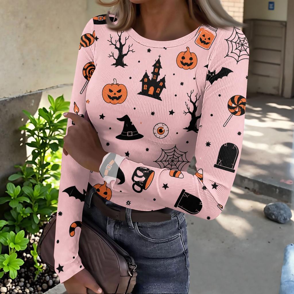 Women Halloween Print Long Sleeve Slim Fit Crew Neck Base Layer T Shirt Casual Stretchy Top for Everyday Wear