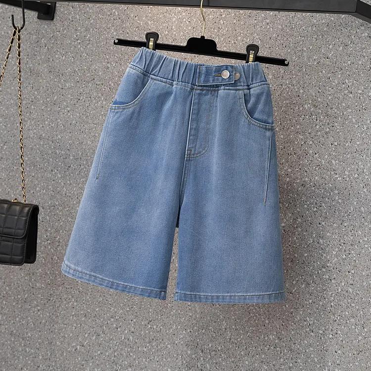 

Женские летние джинсовые капри больших размеров прямого кроя с эластичной талией средней посадки L светло-синий