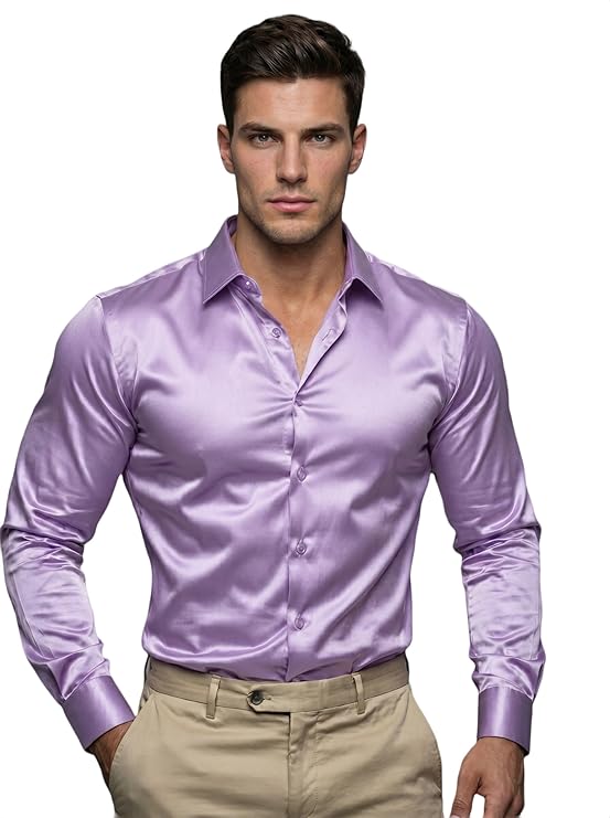 

Men’s Satin Casual Shirt | Premium Solid Poly Satin | Wrinkle-Free, Full Sleeve Regular Fit Office, Business Wear 3XL фіолетовий