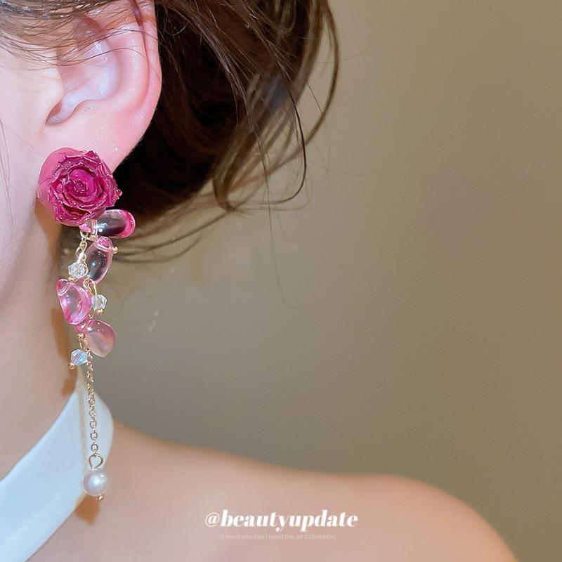 Silver Needle Pearl Eternal Flower Long Fringed Earrings Retro Light Luxury Gentle Temperament Stud Earrings Niche Design Earrings