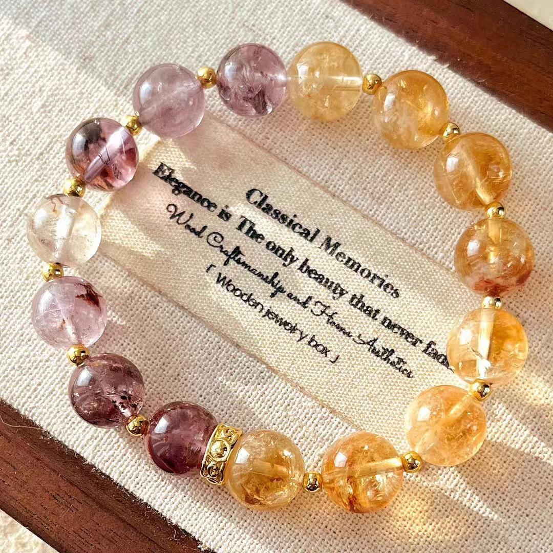10Mm Retro High Quality Natural Citrine Purple Ghost Maillard Style Bracelet Bracelet.