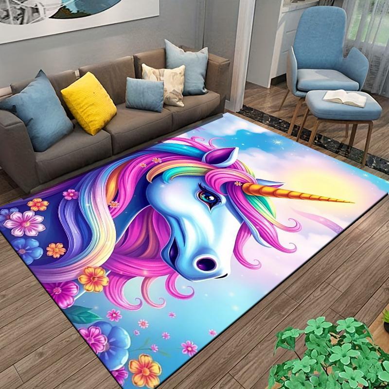 Colorful Unicorn Carpet with Rainbow Mane and Flowers Pattern Design Suitable for use as an anti-slip for living room bedroom sofas