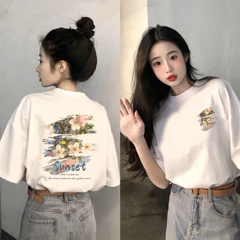 

Women s Floral Print Black Short-Sleeve T-Shirt - 2025 Summer Fashion Loose Fit L