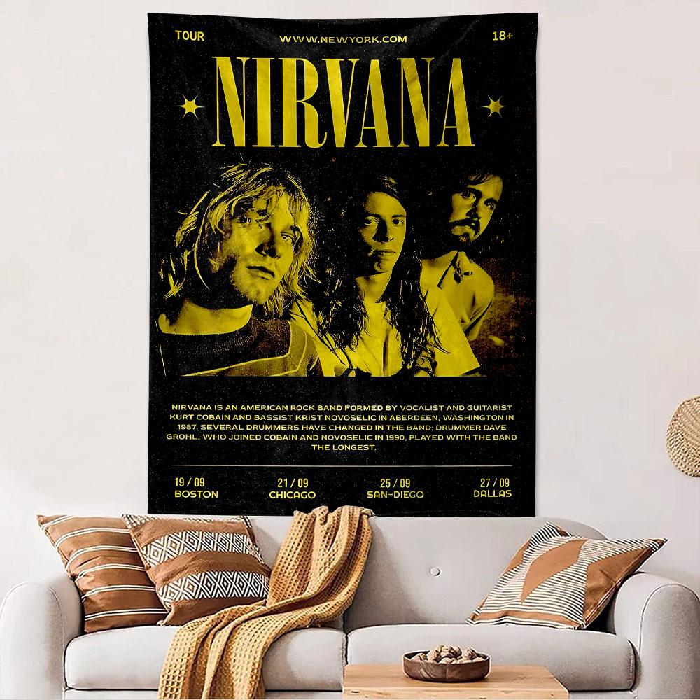 Nirvana Tapestry Wall Hanging, Grunge Rock Band Tour Poster Art, Retro Wall Decor for Bedroom Living Room Dorm