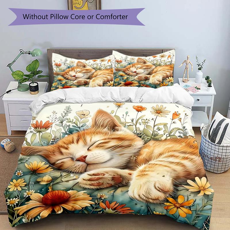 

3pcs Sleeping Ginger Kitten Printed Quilt Set, Soft and Comfortable Quilt Cover for Bedroom 135x200cm